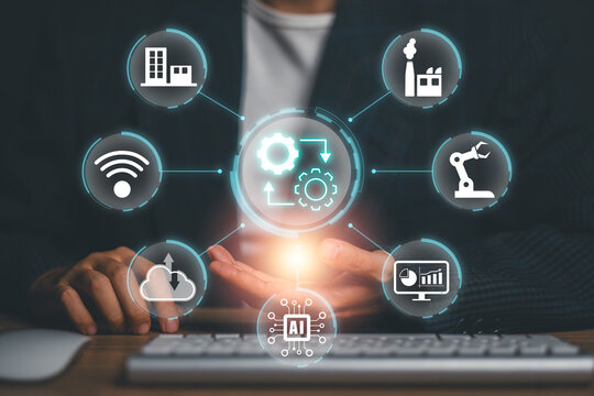 Digital twin business operations concept with artificial intelligence, industrial IoT, smart manufacturing, real time monitoring and data driven operational management.