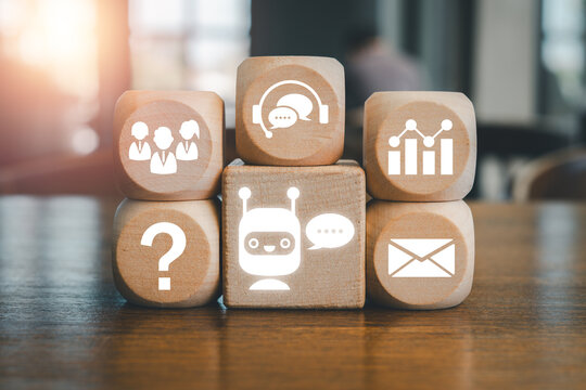 Artificial intelligence customer service automation concept with virtual assistant, chatbot, customer support, digital communication and intelligent business technology.
