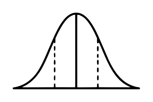 Hand drawn bell curve vector icon illustration showing symmetrical normal distribution graph with dashed deviation lines, classic statistics and probability outline symbol design