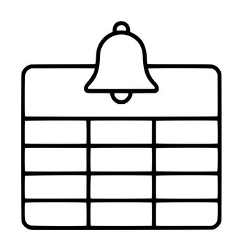 Hand-drawn black line vector icon illustration of a ringing bell above a blank calendar grid schedule, minimalist outline design for planner, reminder, and notification templates