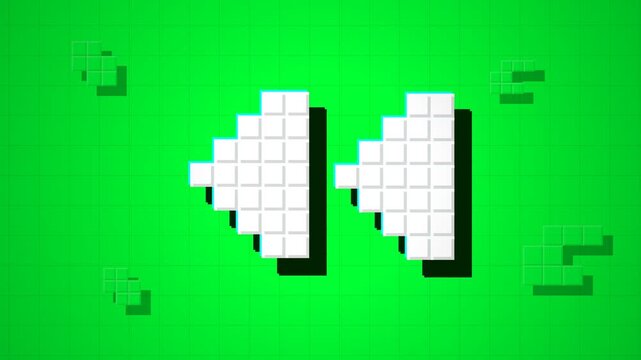 Two white pixelated arrows pointing left appear on a bright green digital screen to indicate a rapid media rewind function for users navigating through various video playback software interfaces