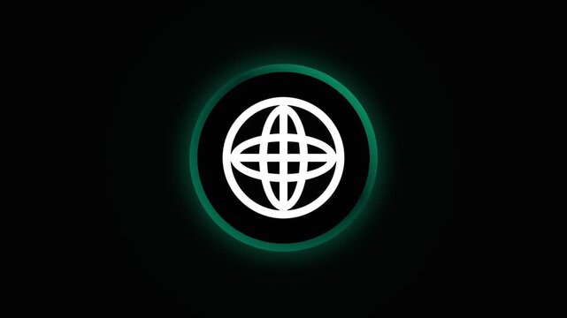 A glowing emerald circular aura surrounds a bright white geometric grid symbol that represents global connectivity and digital network communication technology within a dark and mysterious