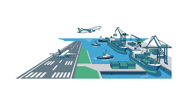 Global Logistics Hub: Airport and Seaport with Planes and Cargo Ships, Transportation and Trade Concept