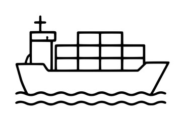 Hand-drawn black line vector illustration of a cargo ship with stacked shipping containers sailing on wavy ocean water, simple nautical outline icon design © ali