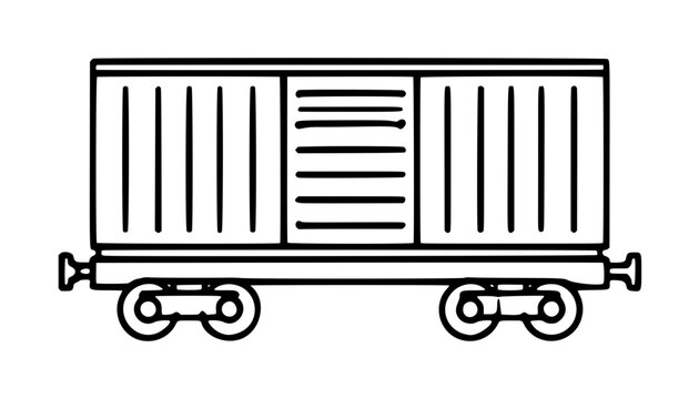 Hand-traced vector icon of a classic cargo train boxcar with slatted doors, rivets, and metal wheels rendered in crisp black outline on white background