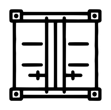 Vector icon illustration of a shipping container door, hand-drawn outline style, minimalist black line art, transport and logistics symbol, industrial cargo gate design with hinges and lock bars.
