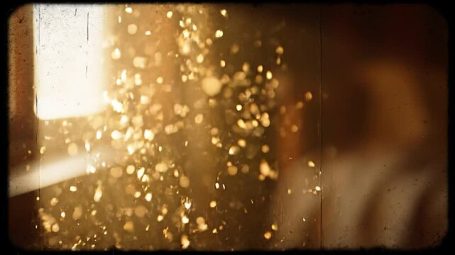 Warm golden dust motes floating in a sunbeam with vintage film effects