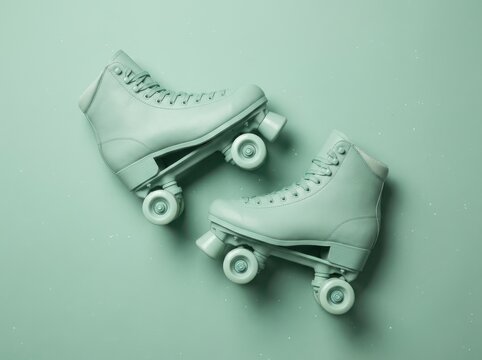 A pair of mint green quad roller skates positioned diagonally on a matching pastel green background