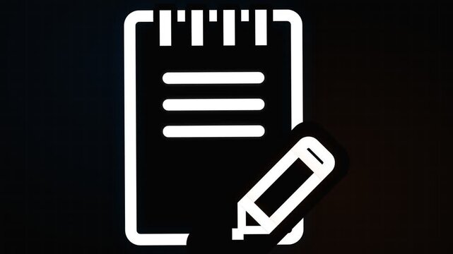 A bright glowing icon depicting a vertical notepad combined with a writing pencil represents task management and documentation systems used for tracking progress within professional digital