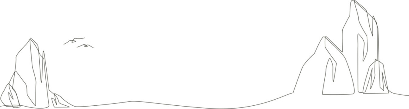 Abstract minimalist line art of a stone cliff mountain with serene nature and birds, perfect for nature themed designs and background.