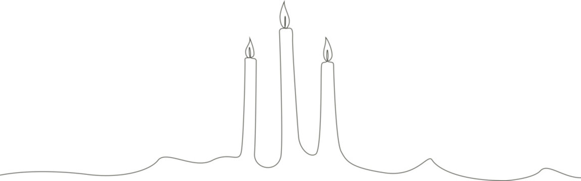 Three candle minimalist black line art illustration featuring a continuous single stroke.