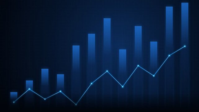 A vibrant digital chart demonstrates the impressive growth of financial markets while displaying fluctuations through a line and column representation that highlights successful corporate fiscal