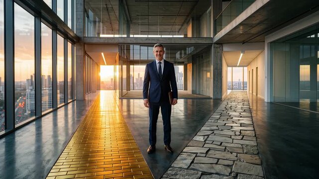 Businessman walks down a golden path in a modern office at sunset