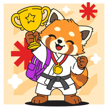 Red panda winner holding trophy and medal illustration