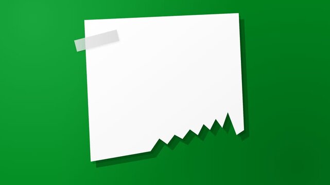 A single piece of blank white stationery paper with a jagged torn edge is affixed to a vibrant green surface, providing ample space for personal messages or important reminders for daily