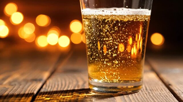 Cold beer glass with bubbles on wooden table at night