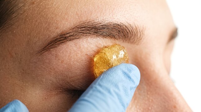Cosmetologist applying warm sugaring paste for eyebrow depilation and waxing close-up