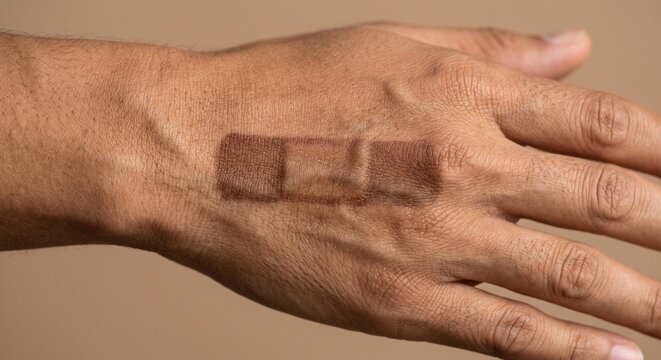 Square adhesive bandage tan line mark and hyperpigmentation on back of hand