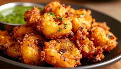 Fototapeta premium Crispy golden fried shrimp pakora with spicy green coriander chutney