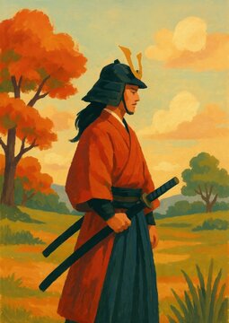 Samurai warrior in autumn landscape.