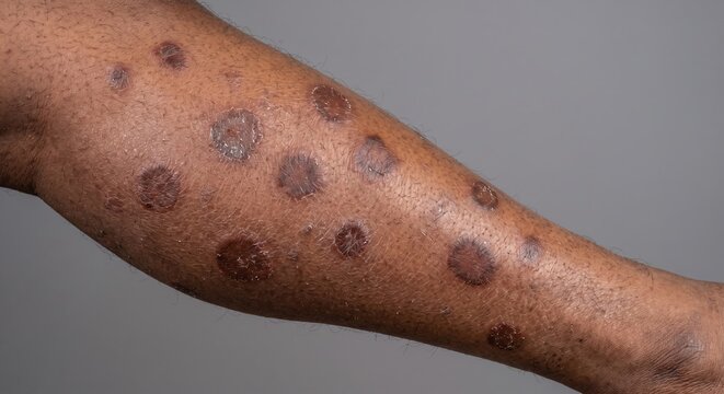 Multiple round hyperpigmented discoid lesions on dark leg skin