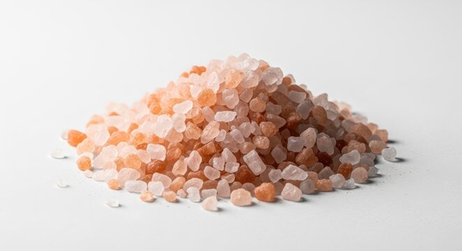 Pile of Coarse Pink Himalayan Salt Crystals on White Background.