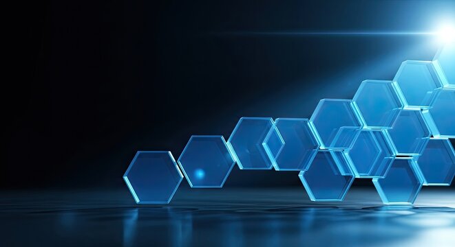 Abstract Blue Hexagons Ascending with Light Flare.
