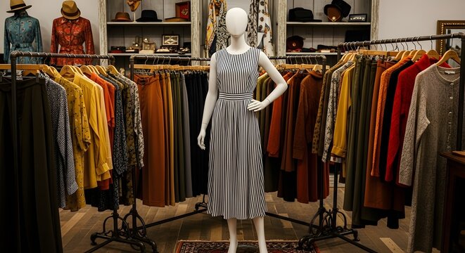 Elegant gray dress displayed in a boutique clothing store.