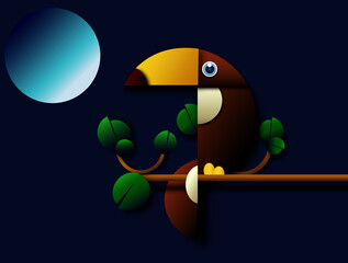 Geometric stylized toucan bird sitting on a tree branch at night under a full moon © TaslimaAkhter