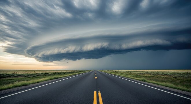 Dramatic Supercell Thunderstorm Approaching Over Open Road.