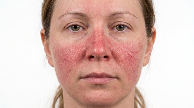 Close up of severe facial rosacea redness and visible capillaries