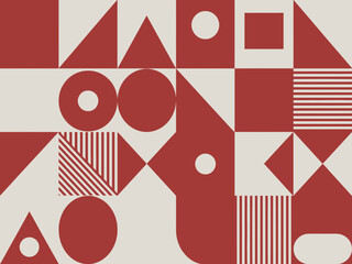 Obraz premium Modern geometric abstract pattern with red and beige shapes featuring circles triangles and striped textures