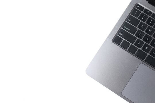 Modern laptop on white background, top view. Space for text