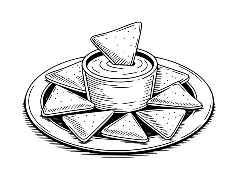 Hand-drawn of a plate with crispy tortilla chips served with a bowl of delicious creamy cheese dip
