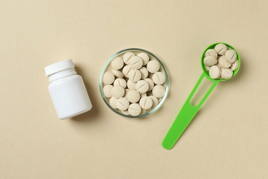 Alternative medicine herbal organic pills and capsules with vitamins, mineral, drug with herbs, natural supplements for healthy good life. Top view