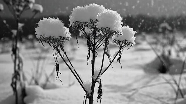 Dried plants covered in snow during winter snowfall in monochrome