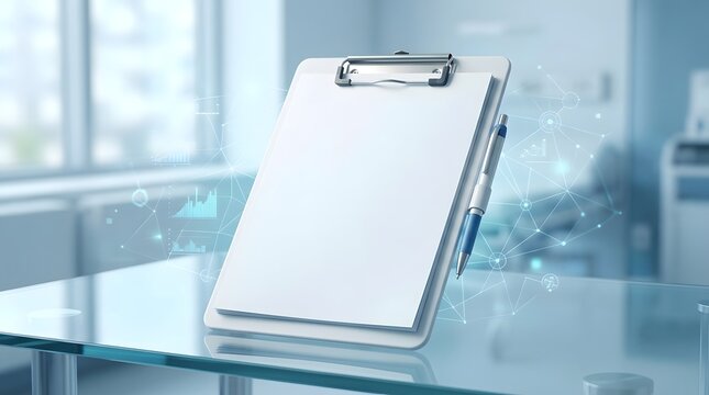 Blank white clipboard standing on a modern glass office desk with copy space