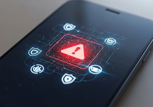 Digital Warning Symbol on Smartphone Screen with Security Icons.