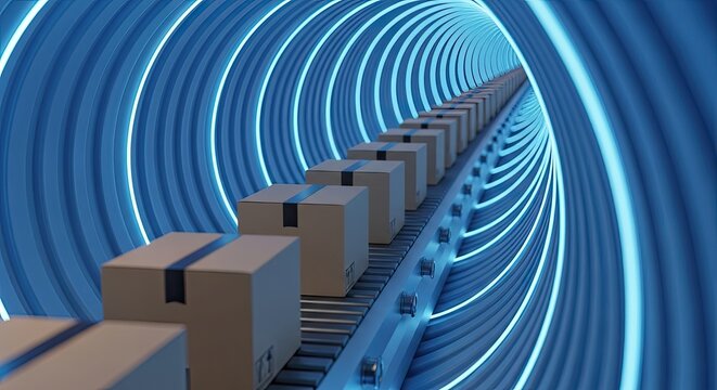Automated Delivery System Boxes Moving Through Futuristic Blue Tunnel.