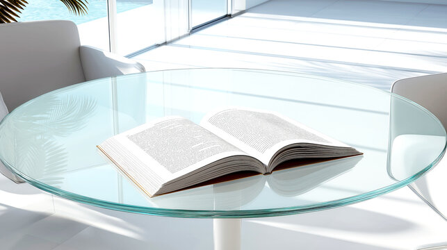Open Book on Round Glass Table in Modern Sunlit Interior