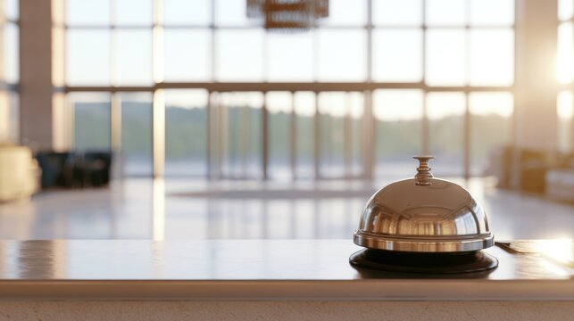 Setting at hotel reception desk with bell waiting for guests in early morning light