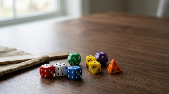 Assortment of Polyhedral Dice Scattered on a Wooden Table for Probability Education