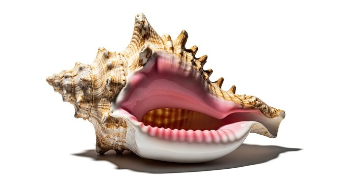 Exotic Queen Conch Seashell with Pink Interior on White Background.