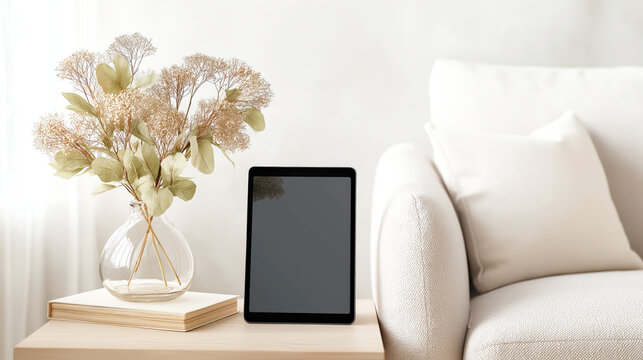 Smart Home Tablet Display in Warm Minimalist Living Room