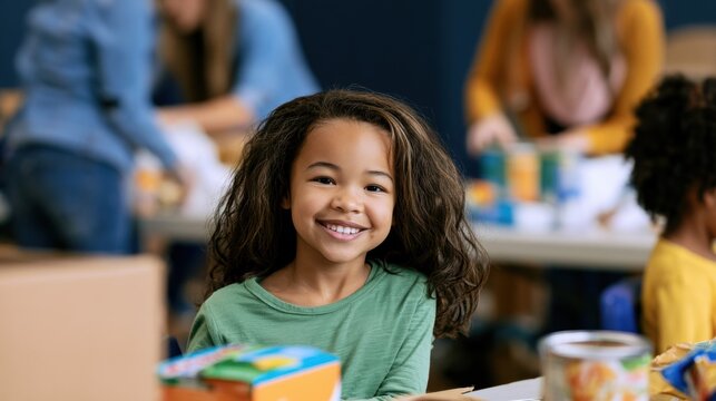 Children engage in a community event while making food packages in a school setting during the afternoon