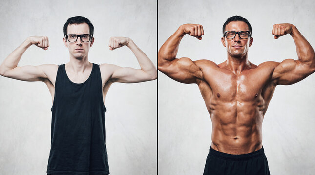 Before and after fitness transformation concept. Split screen comparison of a skinny nerdy man and a strong muscular bodybuilder flexing biceps.