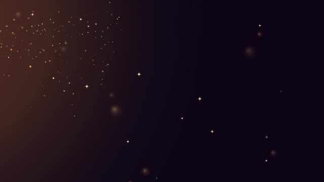 Golden particles sparkle and drift gently across dark background, cinematic, festive, elegant, motion graphics footage.