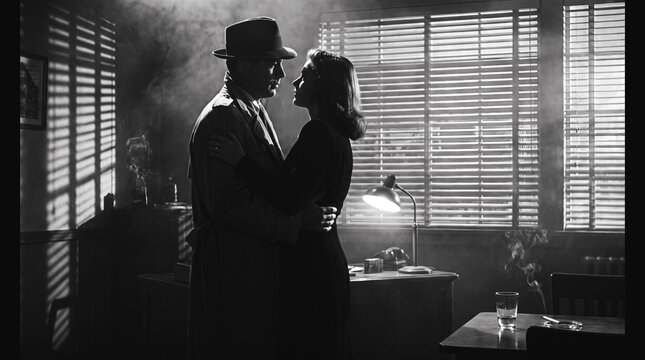 Vintage film noir couple embracing in a dark smoky office. Detective in fedora hat and elegant woman in dramatic black and white.