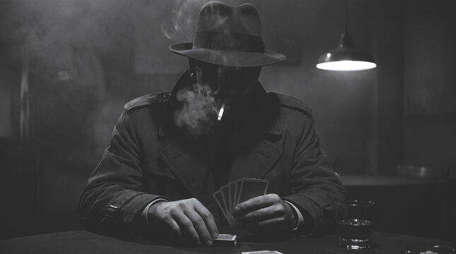 Film noir detective in fedora hat and trench coat smoking a cigarette while holding playing cards. Mysterious dark atmosphere in black and white.