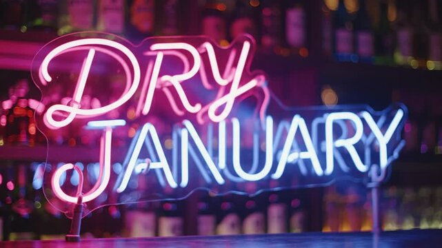 Dry January neon sign on bar counter with blurred background
